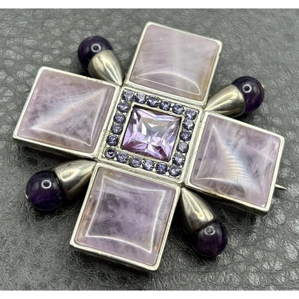 Vintage Maltese Cross Silver Tone Amethyst Purple Stone Rhinestone Brooch Pin